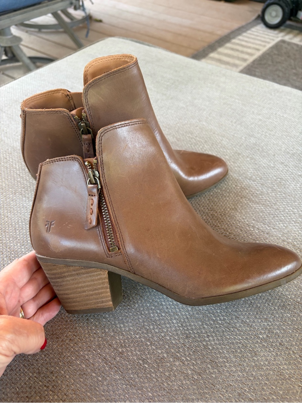 Frye Brown Leather Ankle Booties with Stacked Heel -7.5, so good !